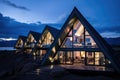 The triangular shaped houses are lit up at night, AI