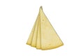 Triangular slice of old cheddar cheese. Piece of yellow cheese with sliced pieces on white background