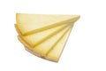 Triangular slice of old cheddar cheese. Piece of yellow cheese with sliced pieces on white background Royalty Free Stock Photo
