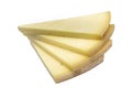 Triangular slice of old cheddar cheese. Piece of yellow cheese with sliced pieces on white background Royalty Free Stock Photo
