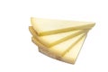 Triangular slice of old cheddar cheese. Piece of yellow cheese with sliced pieces on white background Royalty Free Stock Photo