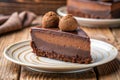 Decadent Chocolate Mousse Cake Slice with Truffles on a Rustic Wooden Table chocolate cake Royalty Free Stock Photo