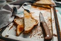 Triangular slices of toasted white bread with a soft texture inside and a crisp crust on the outside on a rusty metal background Royalty Free Stock Photo