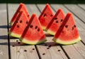 Triangular slices of watermelon are positioned upright on a Royalty Free Stock Photo