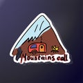 Triangular sticker of camping and foot of the mountain. In doodle style. Sketch rest. Campfire in nature. Hand lettering