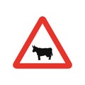 Triangular traffic signal in white and red, isolated on white background. Warning of cattle crossing