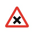 Triangular traffic signal in white and red, isolated on white background. Warning of crossroad ahead with priority on the right
