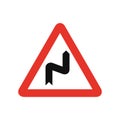 Triangular traffic signal in white and red, isolated on white background. Warning of right reverse bend
