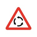 Triangular traffic signal in white and red, isolated on white background. Warning of roundabout ahead