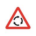 Triangular traffic signal in white and red, isolated on white background. Warning of roundabout ahead