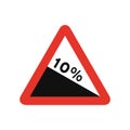 Triangular traffic signal in white and red, isolated on white background. Warning of steep descent