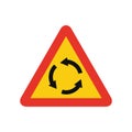 Triangular traffic signal in yellow and red, isolated on white background. Temporary warning of roundabout ahead