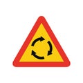 Triangular traffic signal in yellow and red, isolated on white background. Temporary warning of roundabout ahead