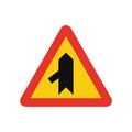 Triangular traffic signal in yellow and red, isolated on white background. Temporary warning of sharp junction on the left