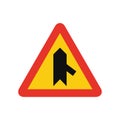 Triangular traffic signal in yellow and red, isolated on white background. Temporary warning of sharp junction on the right