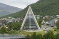 Triangular tromsdalen church knowed as arctic cathedral