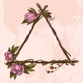 Triangular vintage frame made of branches with lush flowers. Decorative element for design work in the boho style