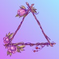 Triangular vintage frame made of branches with lush flowers. Decorative element for design work in the boho style Royalty Free Stock Photo