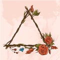 Triangular Vintage Frame Made Of Branches With Roses And Flower Buds. Decorative Element For Design Work In The Boho Style