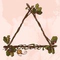 Triangular vintage frame of oak branches with leaves. Decorative element for design work in the boho style