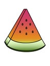 A triangular, volumetric, juicy, sweet slice of watermelon. Sliced watermelon with seeds and peel - isometry. Triangular slice of