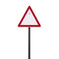 Triangular Warning Sign with Red Border and White Center on a Pole traffic road Royalty Free Stock Photo