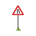 Triangular warning traffic sign road narrows to left. Flat vector design for educational book, infographic poster or Royalty Free Stock Photo