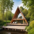 Triangular wooden house with a terrace and panoramic windows on the river bank in the