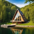 Triangular wooden house with a terrace and panoramic windows on the river bank in the