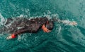 A triathlete in a professional swimming suit trains on the river while preparing for Olympic swimming Royalty Free Stock Photo