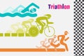 Triathletes are swimming running and cycling icon in colorful racing to the finish line.