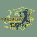 Triathlon badge with runner and icons, vector image Royalty Free Stock Photo