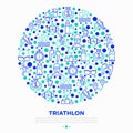 Triathlon concept in circle with thin line icons: runner, swimmer, cycling race, stopwatch, starting, gun, sport glasses, start, Royalty Free Stock Photo