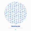 Triathlon concept in circle with thin line icons: runner, swimmer, cycling race, stopwatch, starting, gun, sport glasses, start, Royalty Free Stock Photo