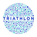 Triathlon concept in circle with thin line icons: runner, swimmer, cycling race, stopwatch, starting, gun, sport glasses, start, Royalty Free Stock Photo