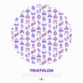 Triathlon concept in circle with thin line icons: runner, swimmer, cycling race, stopwatch, starting, gun, sport glasses, start, Royalty Free Stock Photo