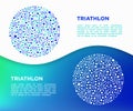 Triathlon concept in circle with thin line icons: runner, swimmer, cycling race, stopwatch, starting, gun, sport glasses, start, Royalty Free Stock Photo