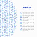 Triathlon concept with thin line icons: runner, swimmer, cycling race, stopwatch, starting, gun, sport glasses, start, victory, Royalty Free Stock Photo