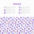 Triathlon concept with thin line icons: runner, swimmer, cycling race, stopwatch, starting, gun, sport glasses, start, victory, Royalty Free Stock Photo