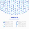 Triathlon concept with thin line icons: runner, swimmer, cycling race, stopwatch, starting, gun, sport glasses, start, victory, Royalty Free Stock Photo