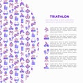 Triathlon concept with thin line icons: runner, swimmer, cycling race, stopwatch, starting, gun, sport glasses, start, victory, Royalty Free Stock Photo