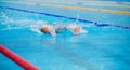 Athletic man swimming in butterfly style in the swimming pool with clear blue water.