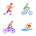 Triathlon icons set cartoon vector. Male athlete during competition