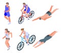 Triathlon icons set, isometric style