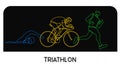 Triathlon. Linear hand drawn athletes. Competition in swimming, cycling and running. Vector illustration