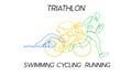 Triathlon. Linear hand drawn athletes. Competition in swimming, cycling and running. Vector illustration
