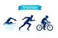Triathlon logos or badges set. Vector figures triathletes on a white background. Swimming, cycling and running man. Flat Royalty Free Stock Photo