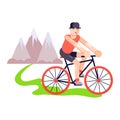 Triathlon man on track bike vector illustration. Young adult man or boy traveling outdoor near the mountains. Cartoon