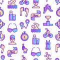 Triathlon seamless pattern with thin line icons: runner, swimmer, cycling race, stopwatch, starting, gun, sport glasses, start,