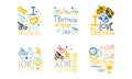 Triathlon Sport Logo Design Set, Marathon, Competition, Tournament Emblems Cartoon Hand Drawn Vector Illustration Royalty Free Stock Photo